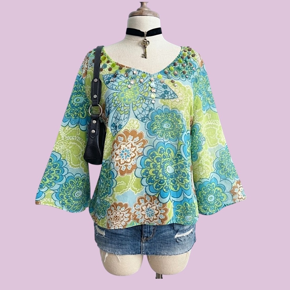 Floral Chiffon Sheer Blouse Top Loose Flowy size medium Playground Prep